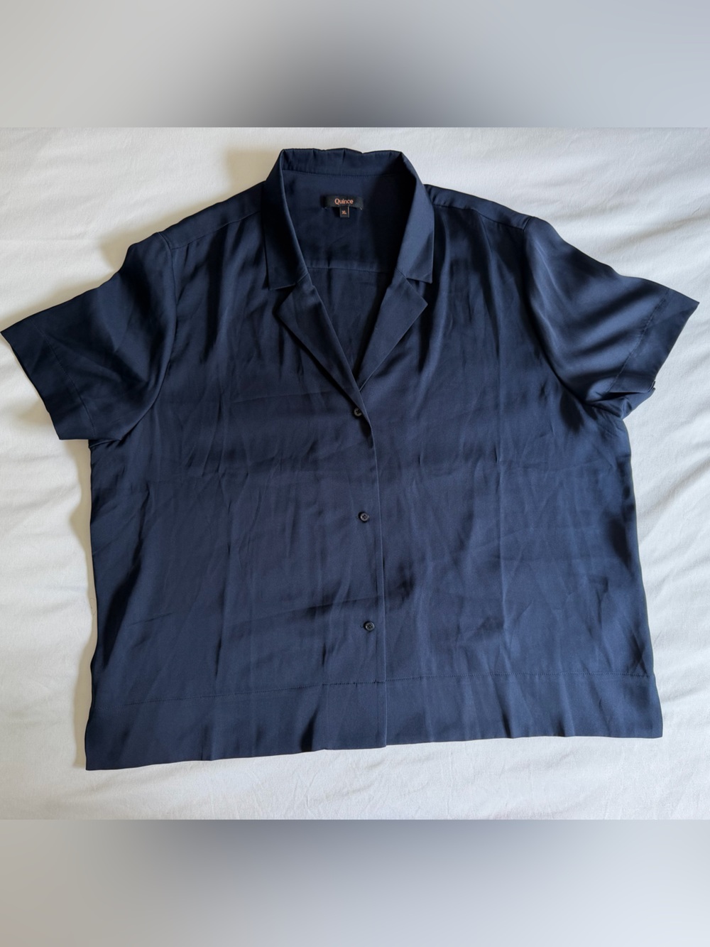 Quince Washable Silk Navy Blue Notched Collar Button Front Blouse Shirt